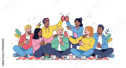 Group of friends enjoying drinks and a picnic together, having fun and celebrating