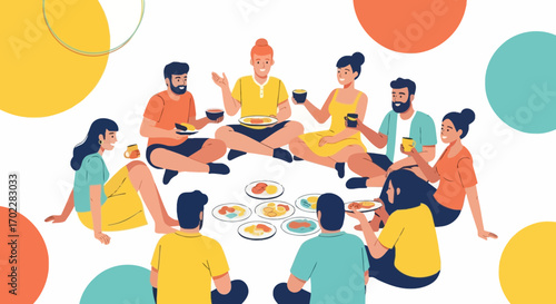 Group of friends having a meal together, enjoying food and drinks in a circle