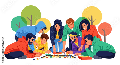 Group of friends playing a board game, having fun outdoors in the park