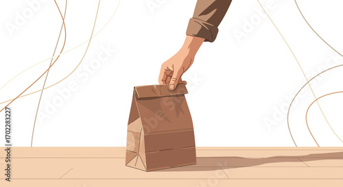 Hand reaching for a brown paper bag, concept of delivery, takeaway or service
