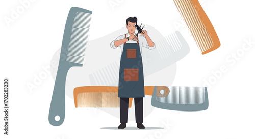 Hairdresser barber cutting hair illustration with combs and apron on white background