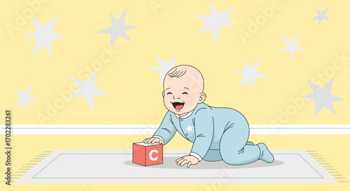 Happy Baby Crawling on Rug with Block Toy and Smiling in Nursery Cartoon Illustration