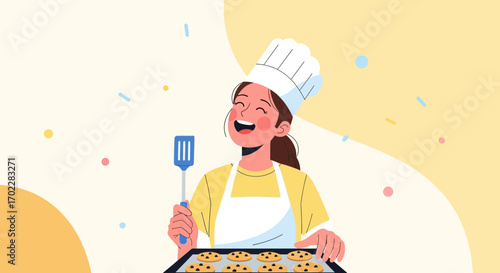 Happy baker baking cookies holding spatula and smiling after preparing food
