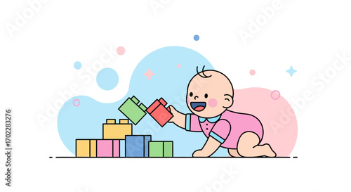 Happy Baby Playing with colorful blocks, building and construction concept or idea