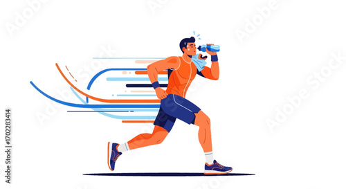Endurance Athlete Hydrating During Marathon: Vibrant Vector Illustration Of Fitness Activity
