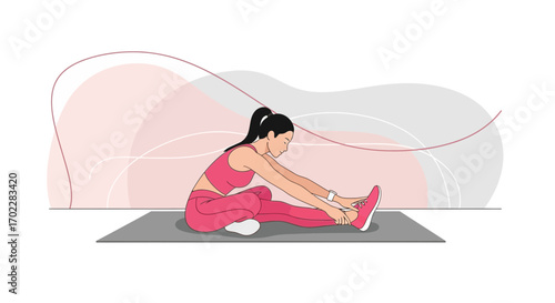 Energetic Active Female Engaged Fitness Activity Stretching Exercise on Yoga Mat