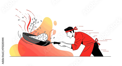 Energetic Asian Chef Tossing Rice in Wok, Culinary Demonstration with Stylish Illustration