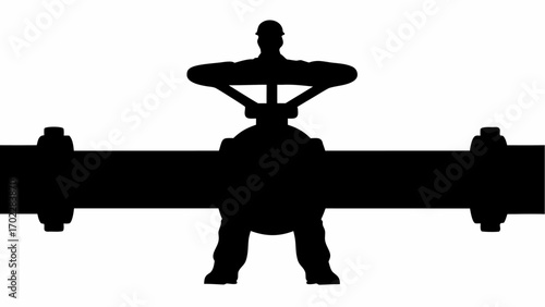 Silhouette of a worker turning a large valve on a pipeline with flanges in a monochrome image style