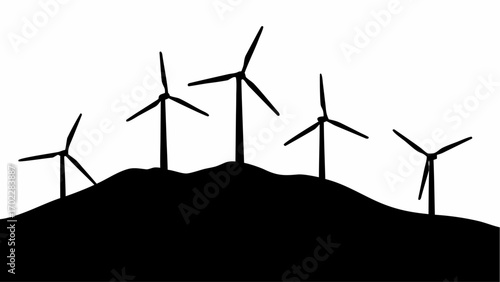 Silhouette of wind turbines on a hill against a white background showcasing renewable energy sources and landscape