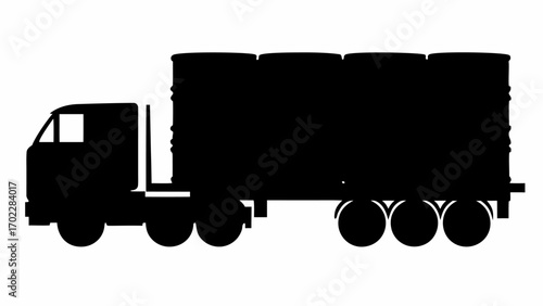 Silhouette of a semi truck carrying cylindrical containers on a flatbed trailer in black and white style