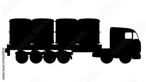 Silhouette of a flatbed truck carrying four large cylindrical containers on its trailer in black and white