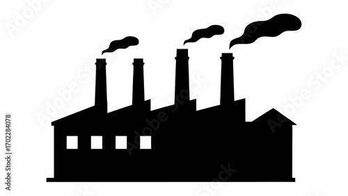 Silhouette of a factory with three chimneys emitting smoke against a white background in a simple style