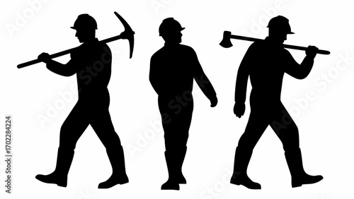 Silhouettes of three workers wearing hard hats carrying tools on their shoulders in a black and white image