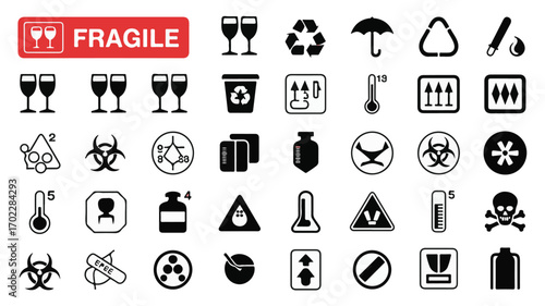 Warning symbols and icons for shipping and handling fragile