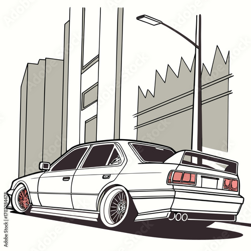 Dynamic automotive illustration featuring a slammed car with a low and slow stance perfect for car enthusiasts and custom vehicle designs