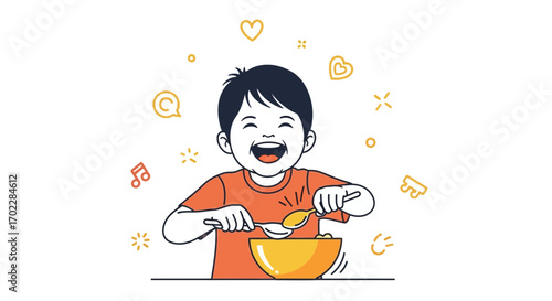 Happy child eating from a bowl with a spoon in an illustration design