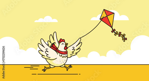 Happy Chicken Running, Flying a Kite Under A Yellow Sky, Cartoon Illustration