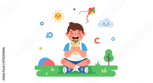 Happy child eating tasty wrap outdoors with kite and sun minimalistic vector illustration