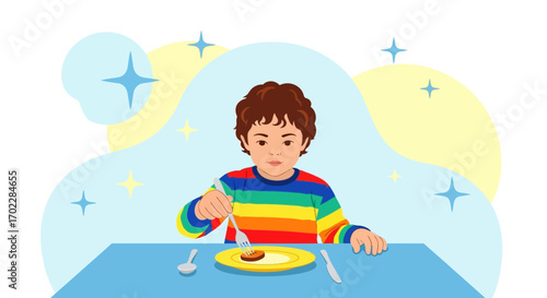 Happy child enjoying meal, illustration featuring cute kid eating food on a table