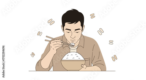 Illustration of a man enjoying a rice bowl using chopsticks in minimalist style