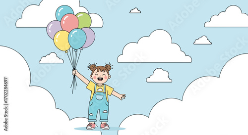 Happy child in the sky holding balloons creating an illustration for joy and fun