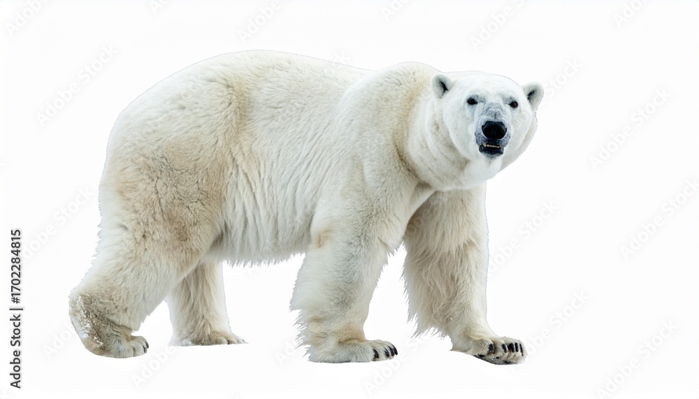 Fototapeta premium Polar bear with thick white fur massive body sharp claws strong Arctic predator animal isolated on white background 