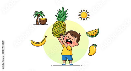 Happy child with a pineapple and other fruits illustration with a tropical theme