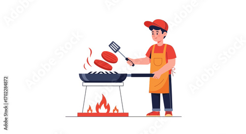Illustration of a man grilling burgers, perfect for food and lifestyle concepts