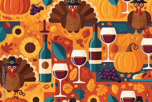 Festive thanksgiving pattern featuring turkeys, pumpkins, wine glasses, and sunflowers, creating a warm and inviting autumnal atmosphere for celebrations vector illustration