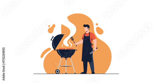 Illustration of a man grilling meat on a barbecue with a modern flat design style