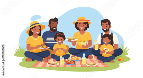 Happy family enjoying their picnic in the park together with food and drinks