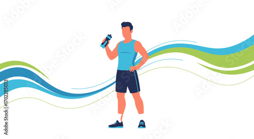 Illustration of a Man Holding a Water Bottle in a Fitness and Health Context