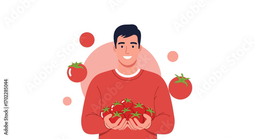 Happy farmer holding a bunch of ripe tomatoes in his hands ready to harvest