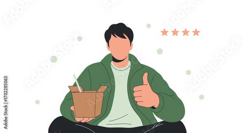 Illustration of a man holding a takeout box with thumbs up, food review