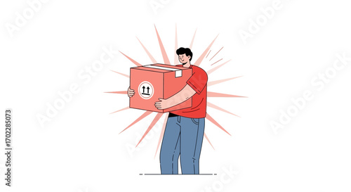 Illustration of a man holding and carrying a cardboard box, delivery and shipping concept