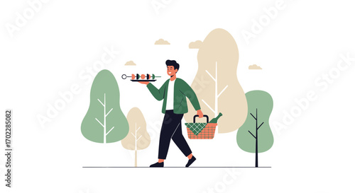 Illustration of a man holding food and a picnic basket walking in a park