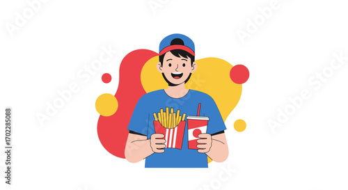 Illustration of a man holding french fries and soda drink in front of white background