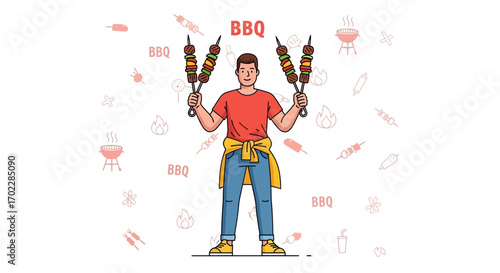 Illustration of a man holding skewers ready for a barbecue grill with bbq logo