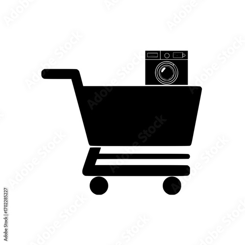Vector shopping cart with small washing machine icon for appliance retail and digital platform