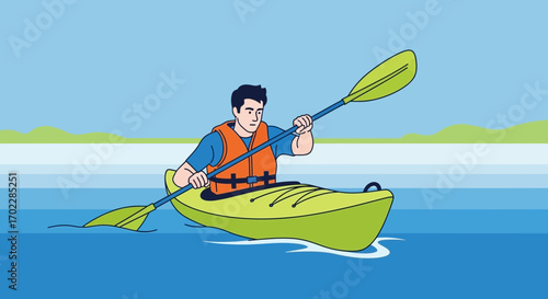 Illustration of a man kayaking on a lake with a paddle, vector art design