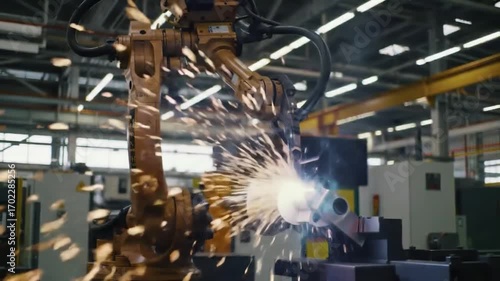 Industrial robot welding metal parts with sparks flying in modern factory