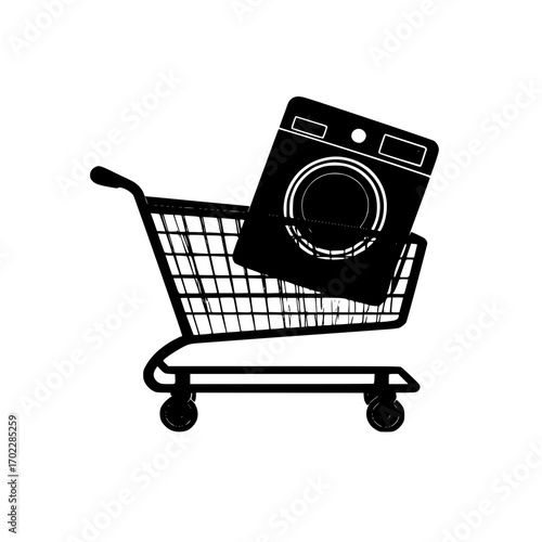 Washing machine icon inside shopping cart for home appliance shopping and digital marketplace