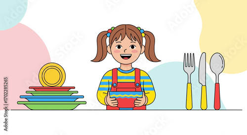 Happy girl with plates and cutlery, vector illustration of a kid and tableware