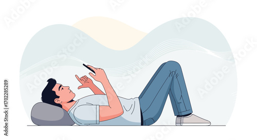 Illustration of a man lying down and using a smartphone in a relaxed pose