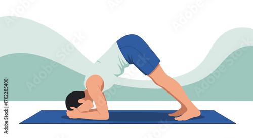 Illustration of a man performing downward-facing dog yoga pose on a mat