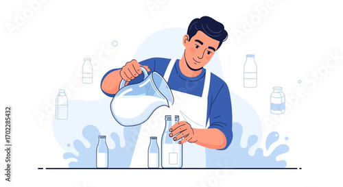 Illustration of a man pouring milk into a bottle for dairy product packaging