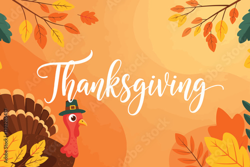 A festive thanksgiving background with a cartoon turkey, autumn leaves, and elegant script lettering, creating a warm and inviting seasonal atmosphere vector illustration