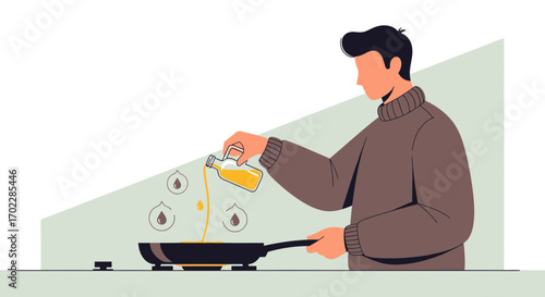 Illustration of a man pouring oil into a frying pan preparing to cook food