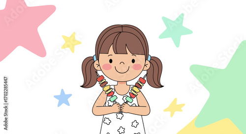 Happy little girl with skewers and colorful stars in a friendly cheerful cartoon