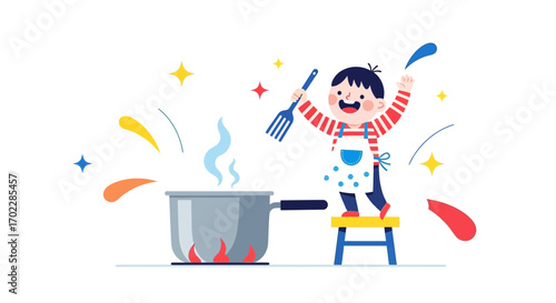 Happy Little Chef Plays in the Kitchen, Cooking a Meal and Having Fun Always